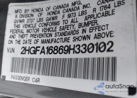 2009 Honda Civic Ex z USA, uszkodzony, nr VIN 2HGFA16869H330102